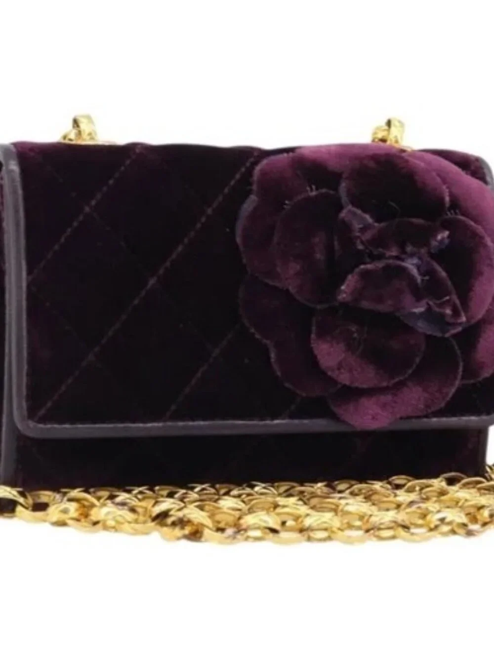 CHANEL Matelasse Chain Camelia Shoulder Bag Velor Purple Gold CC Auth YKZ1012V